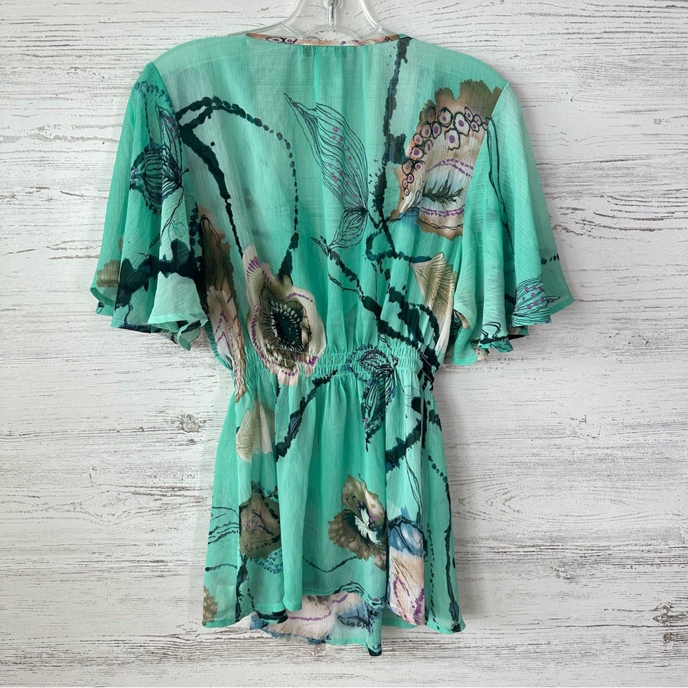 BOSTON PROPER Sheer Beaded Embellished Flutter Sleeve Baby Doll Blouse L Boho - Picture 9 of 10